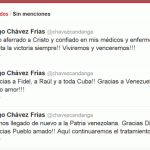 Tweets de Chavez al regreso a Venezuela tras su operación / Fuente: Twitter.