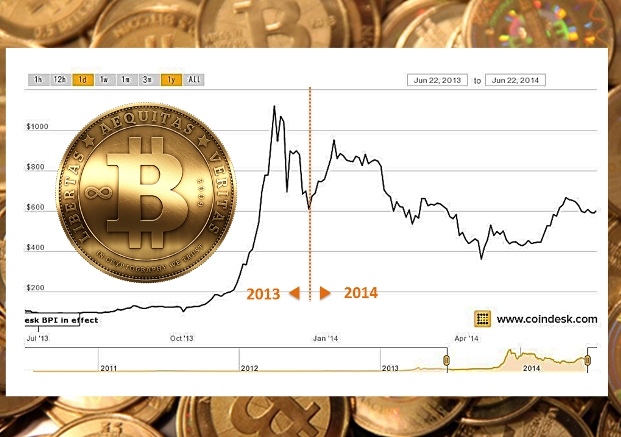 Cotización de Bitcoin para el período Junio 2013 - Junio 2014 | Crédito: elaboración propia en base a estadísiticas de CoinDesk e imágenes de Betazeta y Cringely.