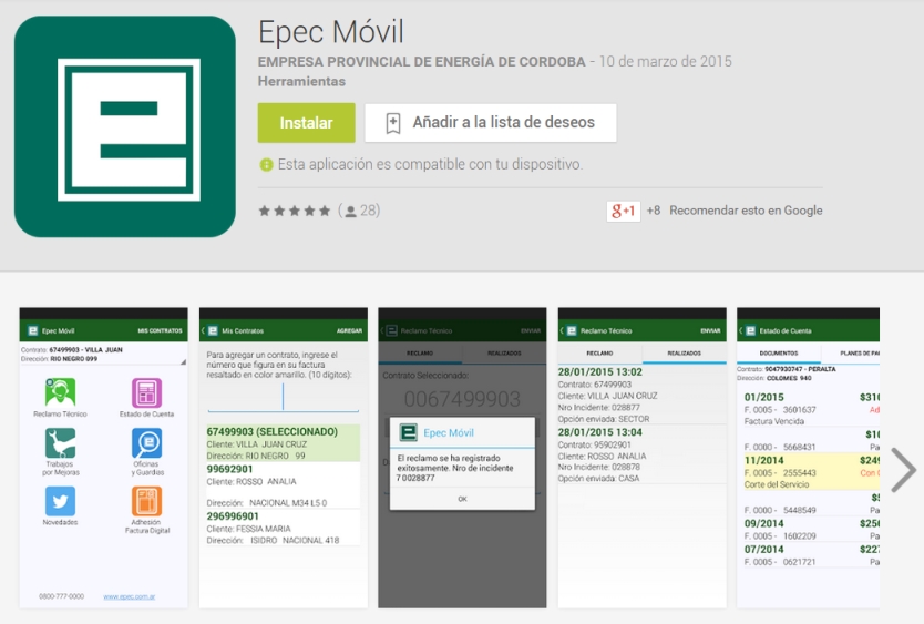 Imagen: Captura de pantalla del sitio de descarga de la app "EPEC Móvil".