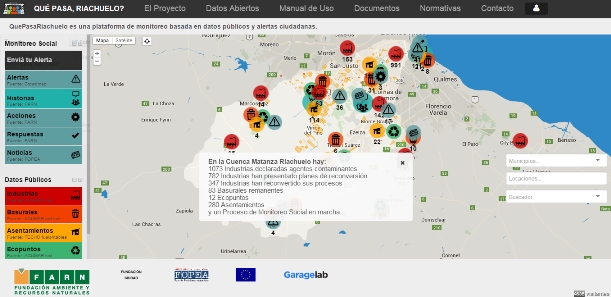 Panel de control online del proyecto ¿Qué pasa riachuelo? con datos públicos e indicadores sociales georeferenciados en un mapa.