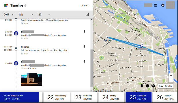 Mi recorrido en Buenos Aire georeferenciado en el timeline de Google Maps.