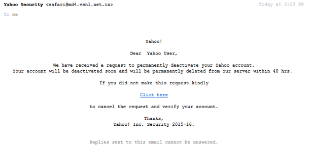 Ejemplo de un presunto mail enviado por Yahoo Security.