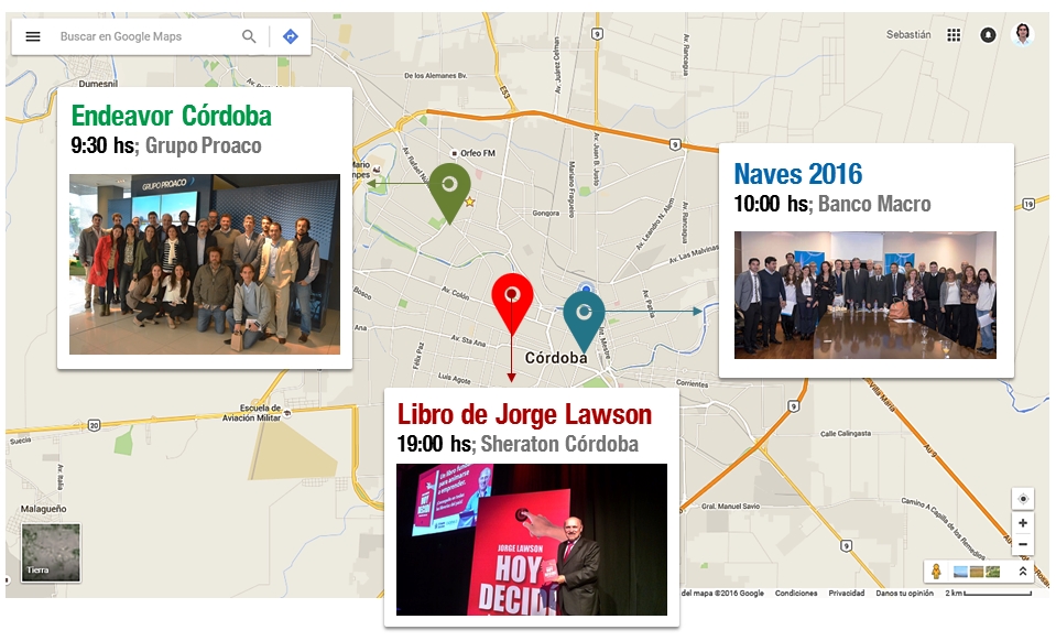 El supermartes de los emprendedores en Córdoba | Infografía: elaboración propia en base a imágenes de Turello.com.ar, Endeavor Córdoba, Banco Macro y Google Maps.