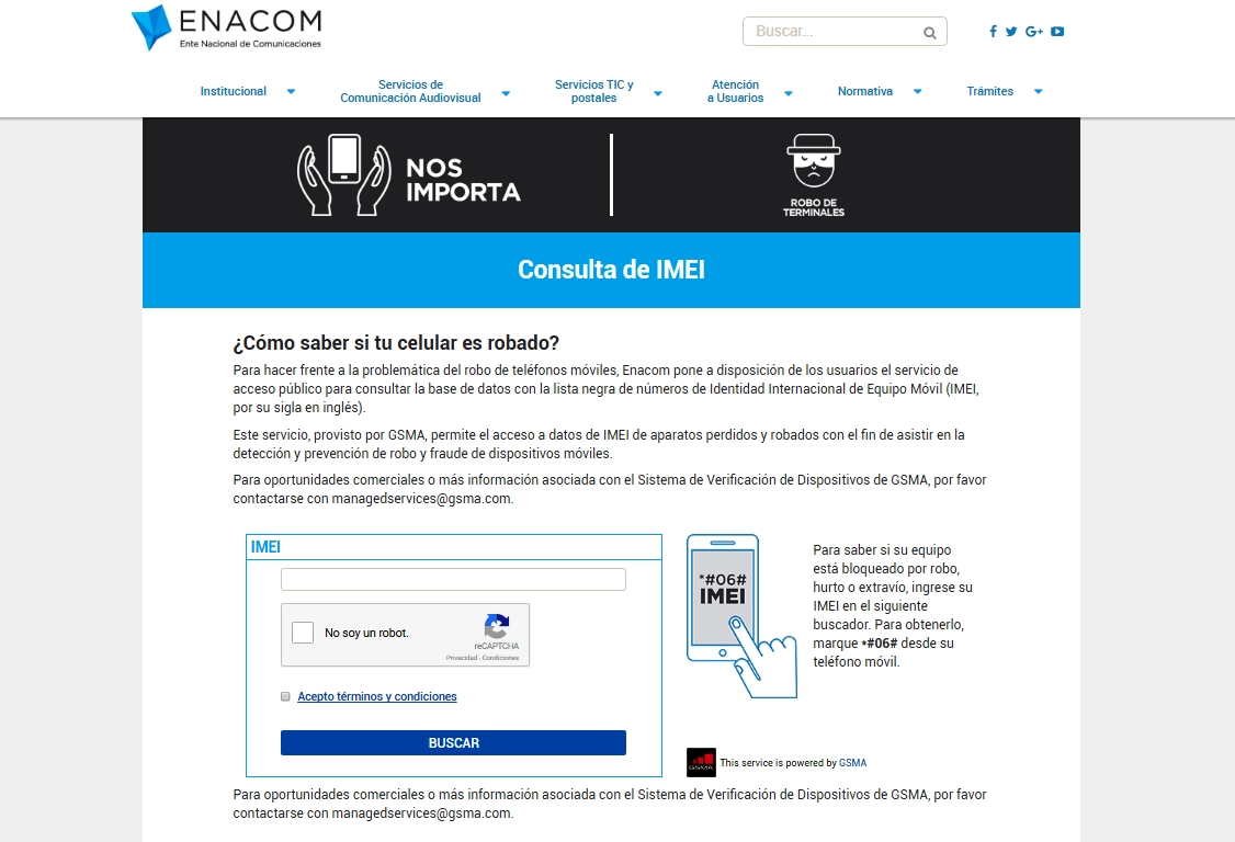 Sitio del ENACOM para saber si un teléfono celular es robado según su IMEI | Foto: captura de pantalla de http://www.enacom.gob.ar/imei