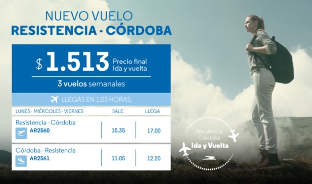 Captura de pantalla del pop up promocional de Aerolíneas Argentinas para los vuelos entre Resistencia y Córdoba.