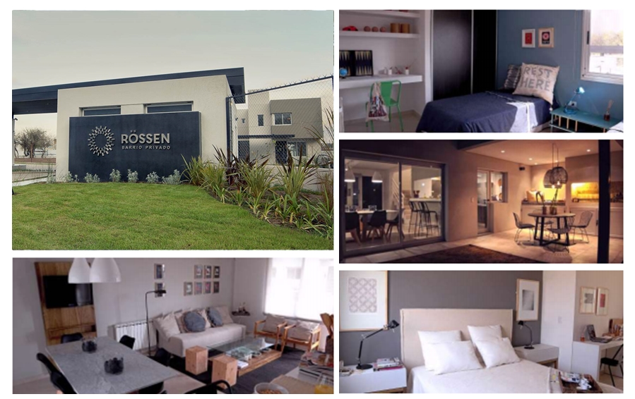 Fotos del ingreso al barrio privado Rössen y el interior de sus casas modelo | Collage: en base a imágenes de Molcom.