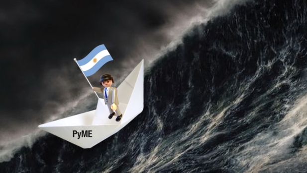 El manager (empresario) capitaneando el barco (Pyme) en el mar de la economía Argentina | Ilustración: elaboración propia en base a imágenes de TodoCollection.net, Pixabay.com (SyedR) y Fira-scrap.ru